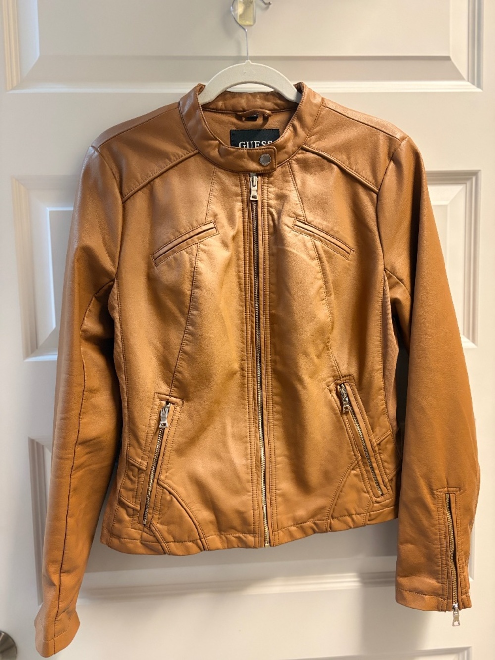 GUESS Cognac Faux Leather Moto Biker Jacket  Logo Lining Stretch Sides Women’s L